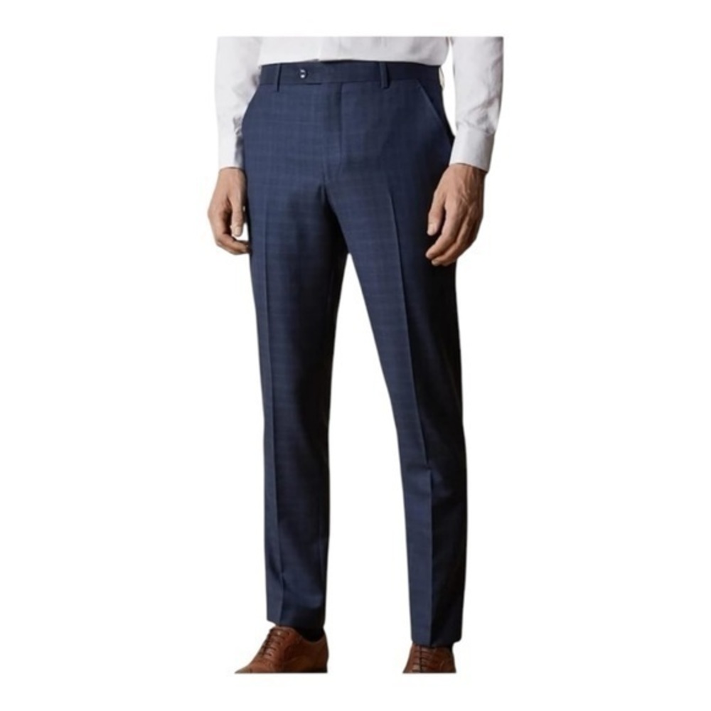 Ted Baker London Endurance Jay CT Grey Blue Plaid Modern Solid Wool Pant Size 35